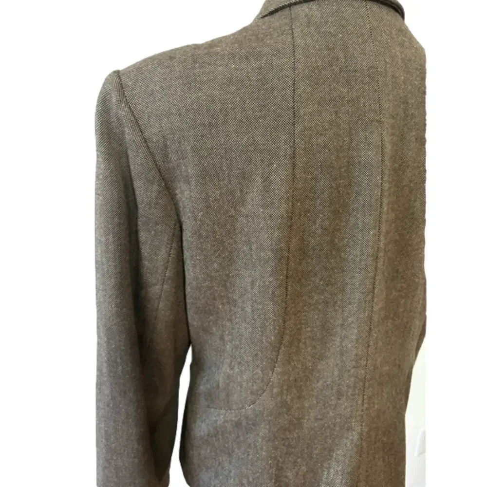 90s MINIMALIST TAN & BLACK WOVEN WOOL BLEND LINED CROPPED BLAZER CARLSON 10P - Picture 6 of 13